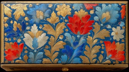 Ornate rectangular decorative box with intricate floral patterns in vivid red, soft blue, and shimmering gold on a deep vibrant blue background, framed by golden trim.
