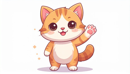 A cheerful cartoon cat with orange and white fur waving its paw happily.
