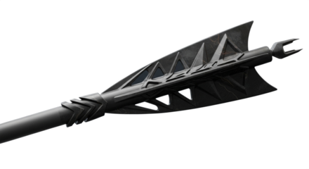 Close up shot of a dark gray arrow with triangular fletchings against a black background space filler