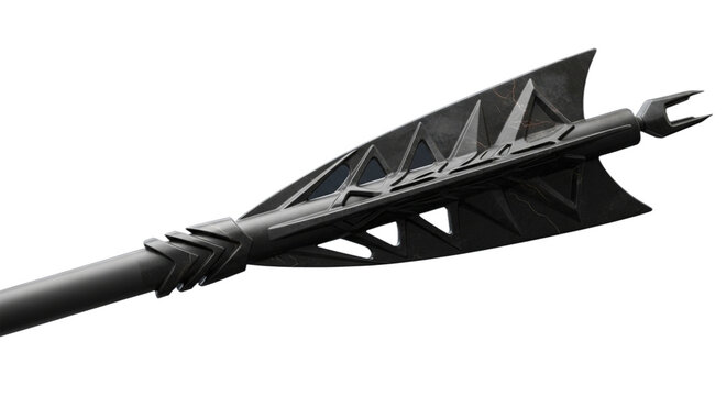 Close up shot of a dark gray arrow with triangular fletchings against a black background space filler