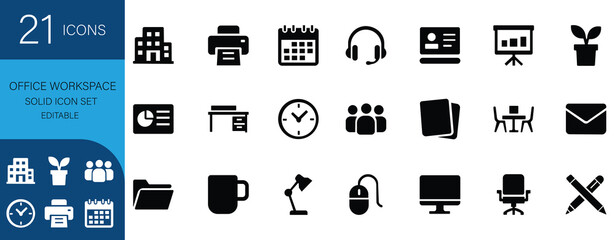 Solid icon set of office workspace with laptop, desk, chair, clipboard, team, schedule, and business tools. Perfect for corporate and remote work