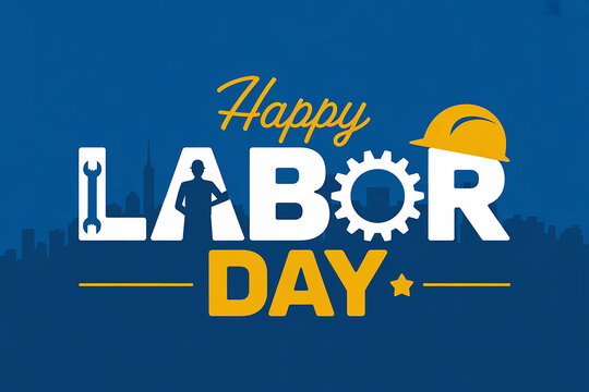 Happy Labor Day greeting card with worker silhouette and cityscape background - Powered by Adobe