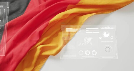 Opening with draped German flag, holographic panels sliding from flag edges visualizing data trends - Powered by Adobe