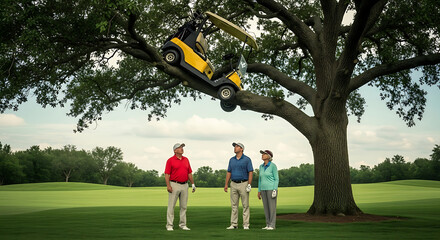 Three golfers look up in disbelief at a yellow golf cart stuck high in the branches of a large tree on a green golf course.