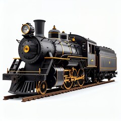 Obraz premium Detailed black and gold locomotive showcases intricate mechanical design on white background
