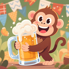 Cheeky cartoon monkey hugging a frothy Oktoberfest beer mug in soft colorful style, full of personality and festive energy
