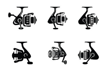 Silhouette of fishing reel icons set isolated on white background for outdoor concepts. © Nazmul
