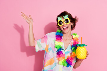 Portrait of nice young lady have good mood drink cocktail wear shirt isolated on pink color...