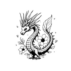 Enchanting mythical dragon entwined with delicate flowers a whimsical hand drawn fantasy illustration creature design