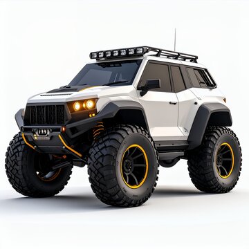 Futuristic off-road vehicle with striking design elements and enhanced features on white background