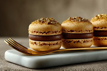 Fototapeta premium Three beige macarons filled with dark chocolate ganache and topped with chopped nuts, arranged on a white tray.