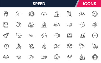 Speed vector web line icon collection, sleek illustrations of velocity, timers, dashes, high-energy designs.
