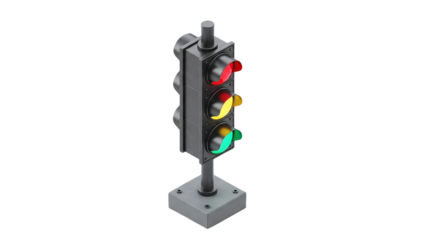 A three-light traffic signal post displaying red, yellow, and green indicators.