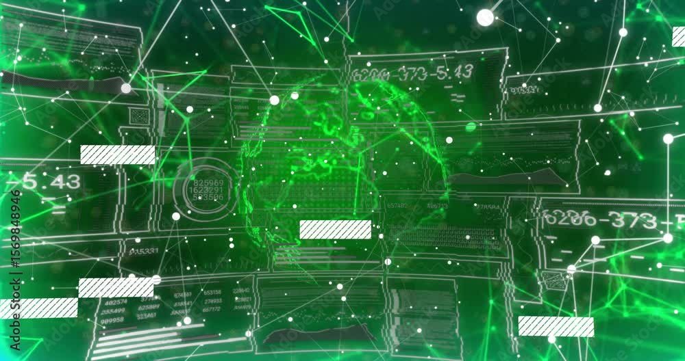 Poster initiating globe, earth rotating while panels sliding flashing showing data flow in 3d interface