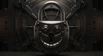 Fototapeta premium Smiling metal padlock in front of round metal door