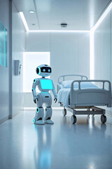 A friendly humanoid service robot with illuminated features stands beside an empty hospital bed in a futuristic medical room, symbolizing AI integration in patient care.