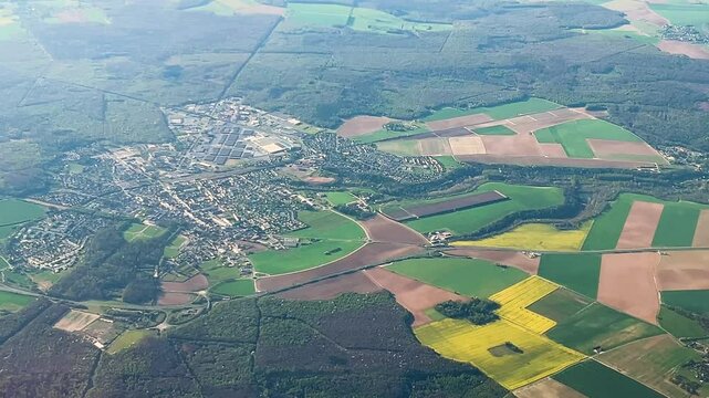 View from the airplane window to the commune Villers-Cotterets during the flight Warsaw, Poland - Paris, France. It's the birthplace in 1802 of French novelist Alexandre Dumas pere.