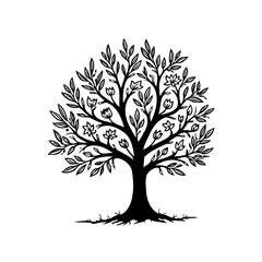 Obraz premium Elegant minimalist tree illustration featuring delicate floral accents and graceful branches for tranquil design projects or decorative elements