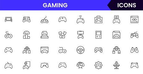 Gaming vector web line icon collection, sleek illustrations of controllers, headsets, consoles, virtual reality for immersive, dynamic designs.