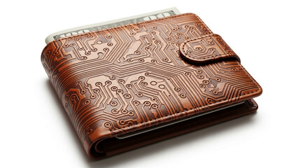 Brown leather wallet with circuit board pattern, showcasing banknotes inside, representing finance, technology, and modern style