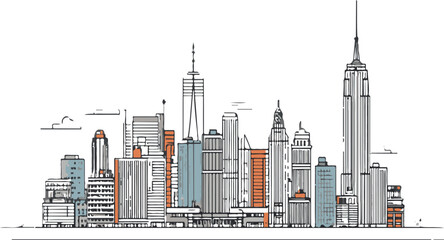 New York Outline Skyline Vector, Manhattan Skyscrapers Line Illustration, Urban Cityscape Design

