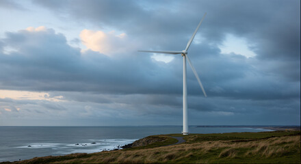 Wind turbine on a grassy coastline with dramatic cloudy sky, renewable energy source against seaside landscape, sustainable power generation concept