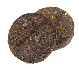 Disc shaped traditional Chinese pu-erh tea isolated on white