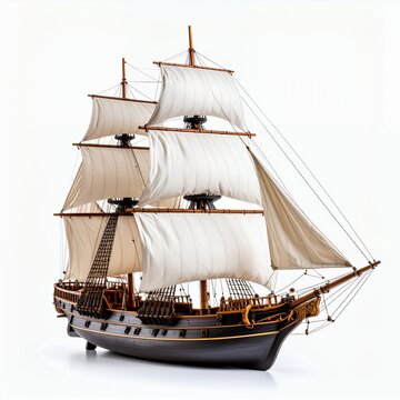 Majestic tall ship model displaying detailed rigging and pristine sails on white background