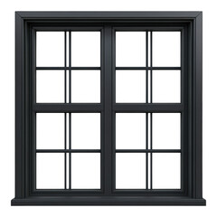 Classic black four pane window frame with white interior isolated on transparent background