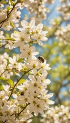 Obraz premium Busy bee gathers pollen from vibrant dogwood blossoms in bright sunlight , pollination, bloom