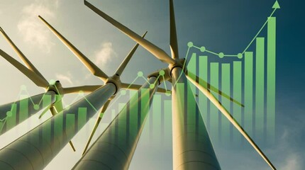 Wind turbines stand tall under a partly cloudy sky, with a transparent green graph overlay symbolizing growth and renewable energy progress. - Powered by Adobe