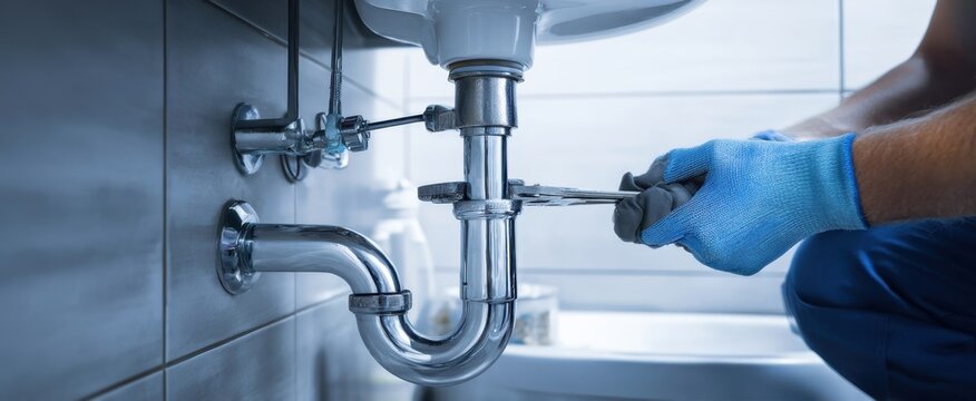 The plumber fixing a sink using a wrench in a modern bathroom setting.