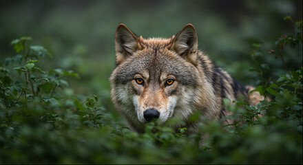 Fototapeta premium Close-up of a wild wolf hidden in lush green forest foliage, staring intently at camera, predator animal eye contact in natural habitat, wildlife and nature conservation concept