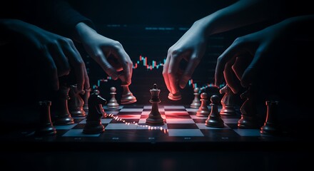 Invisible hands moving chess pieces on glowing stock ticker board for insider trading metaphor