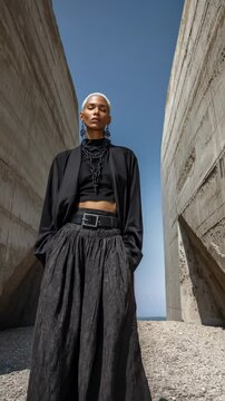 A young beautiful model with short hair in a black designer suit poses urban-style near concrete structures under studio lighting.

