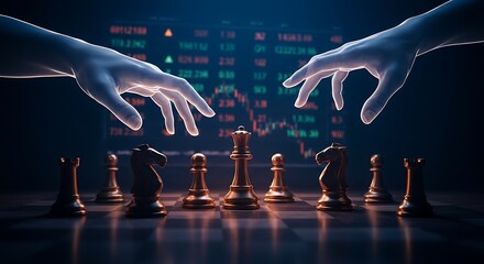 Invisible hands moving chess pieces on glowing stock ticker board for insider trading metaphor
