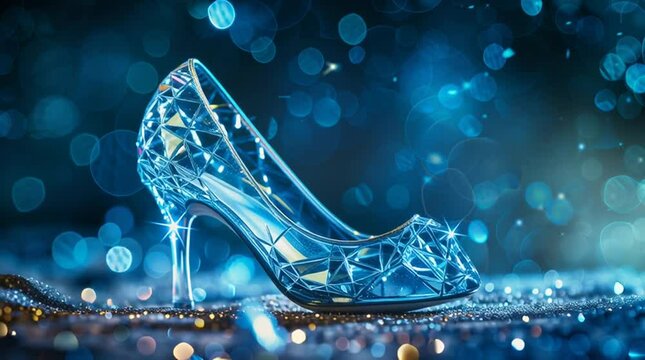 Crystal Slipper on Shimmering Blue Bokeh Background