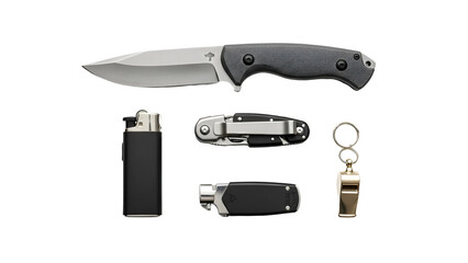 A flat lay of various outdoor survival tools, including a knife, lighter, multi-tool, and whistle.