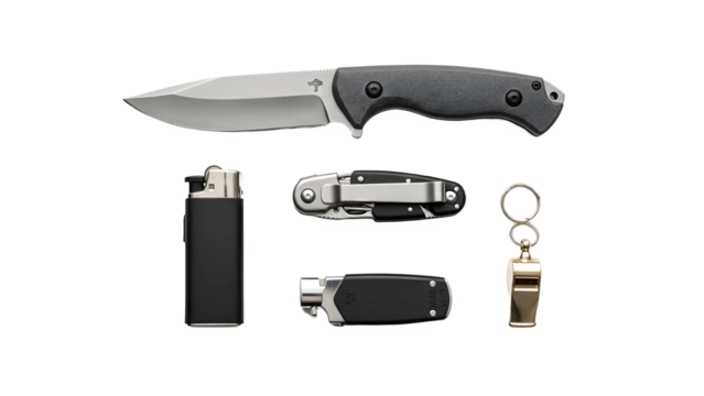 A flat lay of various outdoor survival tools, including a knife, lighter, multi-tool, and whistle.
