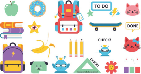 Back to school sticker pack vector illustration with school supplies and cute objects for kids and students