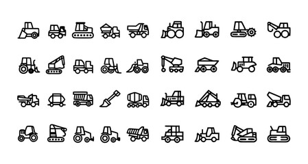 Construction Vehicle Line Icon Set – Thin Vector Illustration of Bulldozer, Loader, Grader, Paver, Roller, Hauler, Utility Truck, and Concrete Mixer