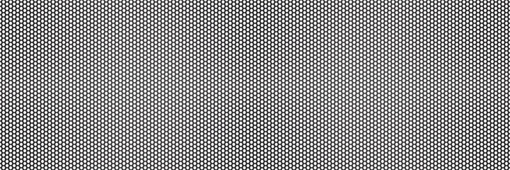 Black metal speaker mesh with honeycomb grid seamless bg. Dark perforated metal background. Hexagon holes on aluminum sheet. Vector illustration