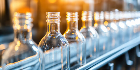 Clear glass bottles lined up in production setting Generative AI