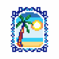 Fototapeta premium pixel art tropical beach landscape palm tree, sun, and ocean waves in retro video game frame, vibrant summer scene