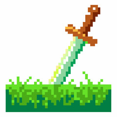 Fototapeta premium Pixel art sword in green grass retro fantasy weapon, adventure gaming icon, digital 8 bit illustration