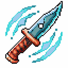 Fototapeta premium Pixel art knife with brown handle and steel blade spinning in motion retro gaming weapon, digital art icon, action effect