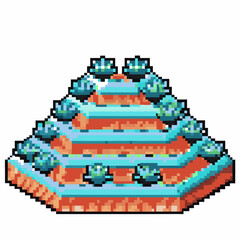 Fototapeta premium Pixel art pyramid structure with green bushes isometric retro gaming design, layered stepped monument, digital landscape