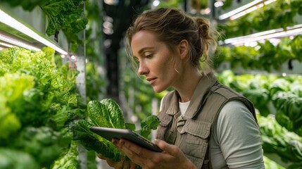 inside a vertical farm, holding a digital tablet and inspecting leafy greens beside them,, standing calmly between rows of vertical hydroponic shelves.