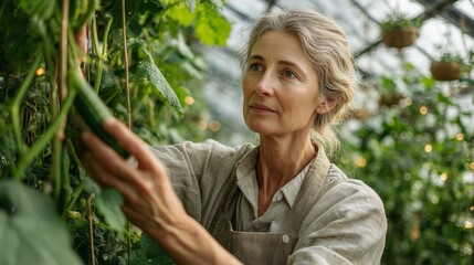 Fototapeta premium old woman standing inside a high-tech greenhouse, closely inspecting a growing cucumber on the vine, wearing a linen shirt and light cotton apron.