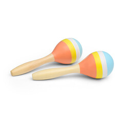 Two colored wooden maracas on a white background. Children's musical rattle for games.